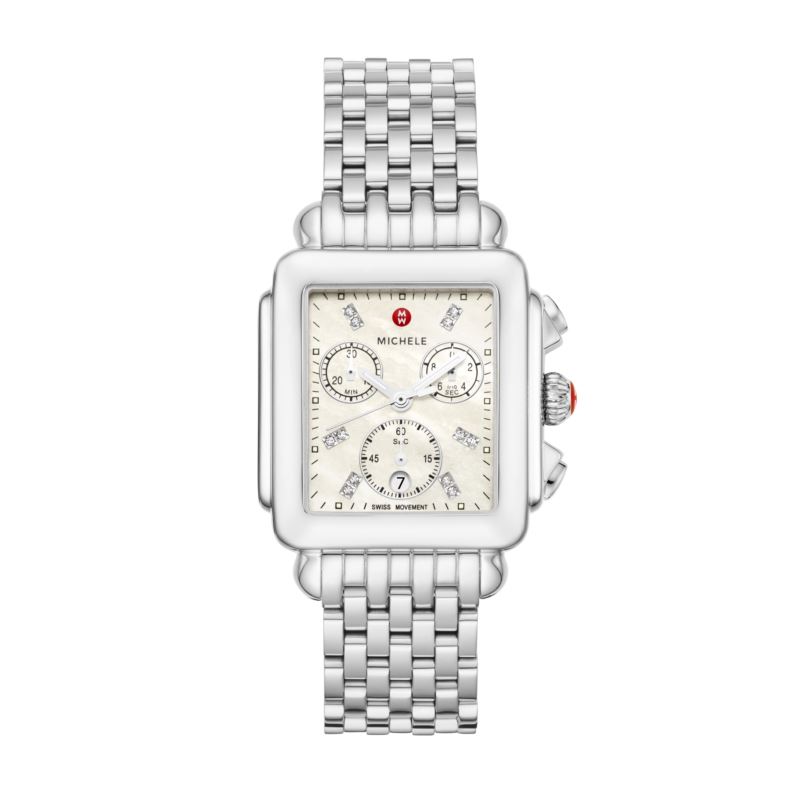 Ladies Deco Silver-Tone Stainless Diamond Watch - (Mother of Pearl Dial)