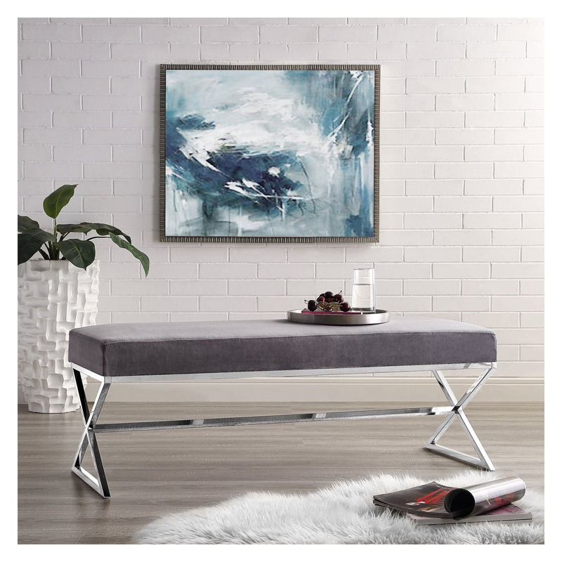 Aurora Velvet X-Leg Bench - (Grey)