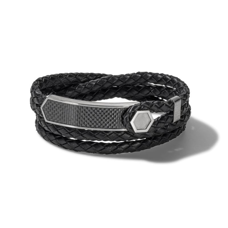 Double Wrap Braided Black Leather and Stainless Steel Bracelet - Large Double Wrap Braided Black Leather and Stainless Steel Bracelet - Large