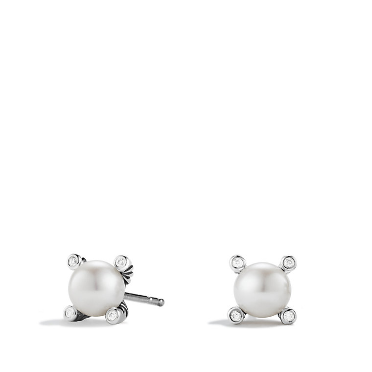 David Yurman Ladies Sterling Silver Pearl Earrings with Diamonds