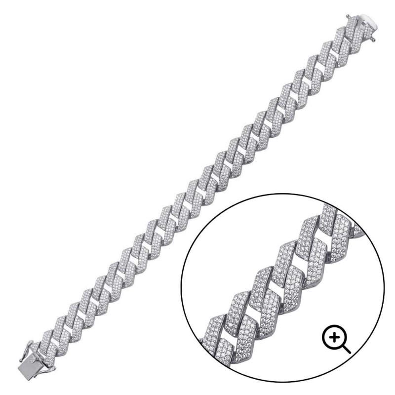 Mens Rhodium Plated CZ Encrusted Square Miami Cuban Link Barcelet - (Sterling Silver)
