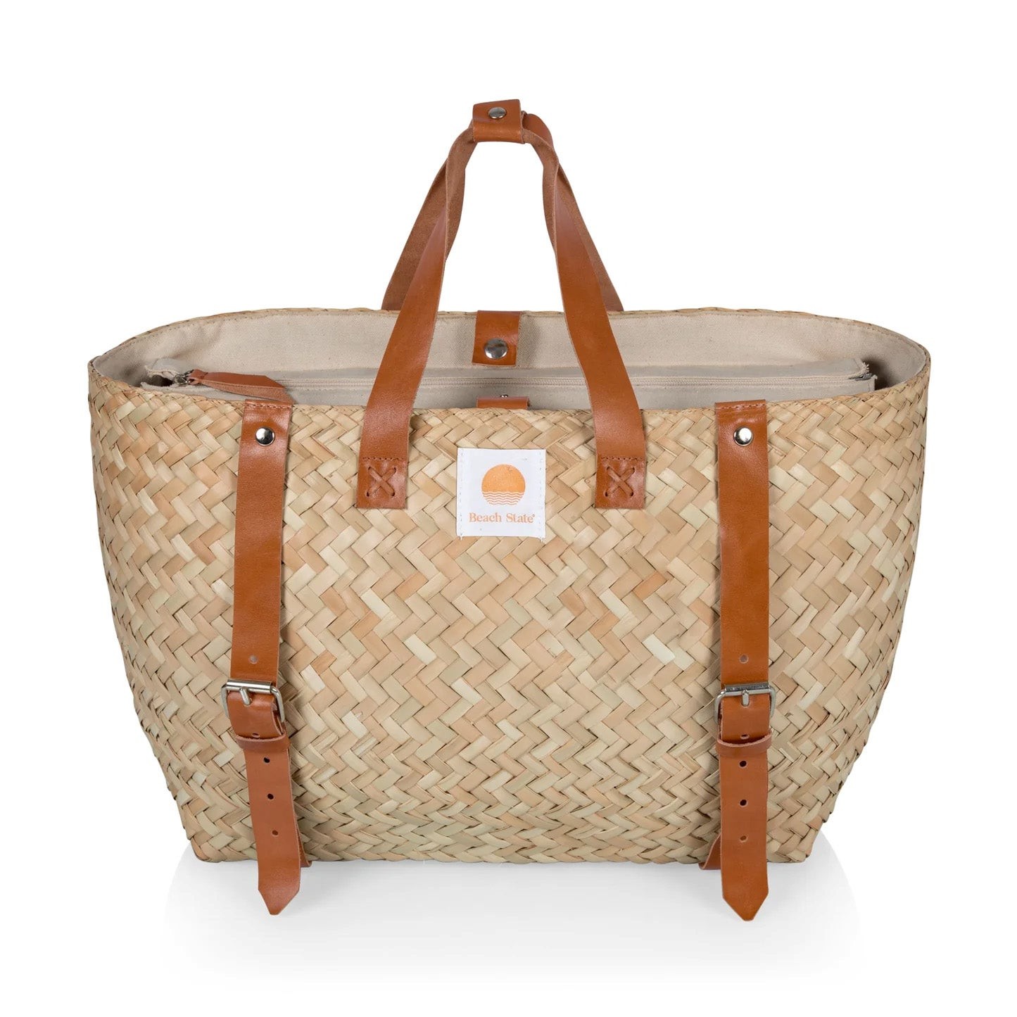 Hermosa Woven Beach Cooler Bag Beige w/ Brown Accents