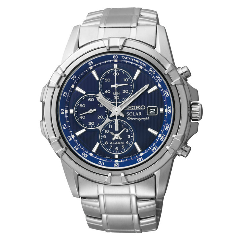 Solar Chronograph Mens Watch - (Stainless Steel) (Blue Dial)