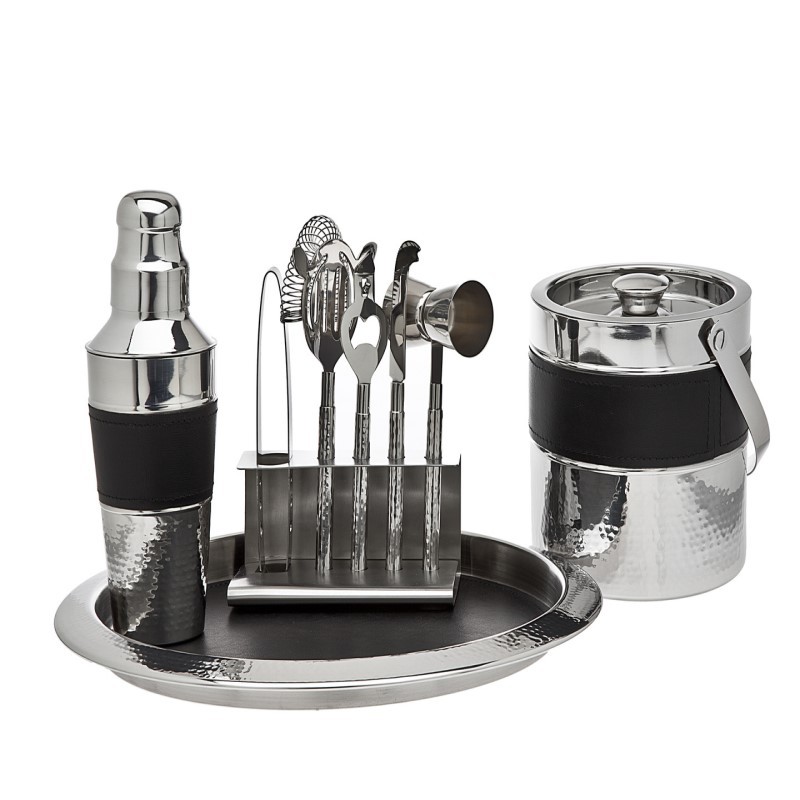 Black Leather & Stainless Steel 9 Piece Bar Tool Set Black Leather & Stainless Steel 9 Piece Bar Tool Set