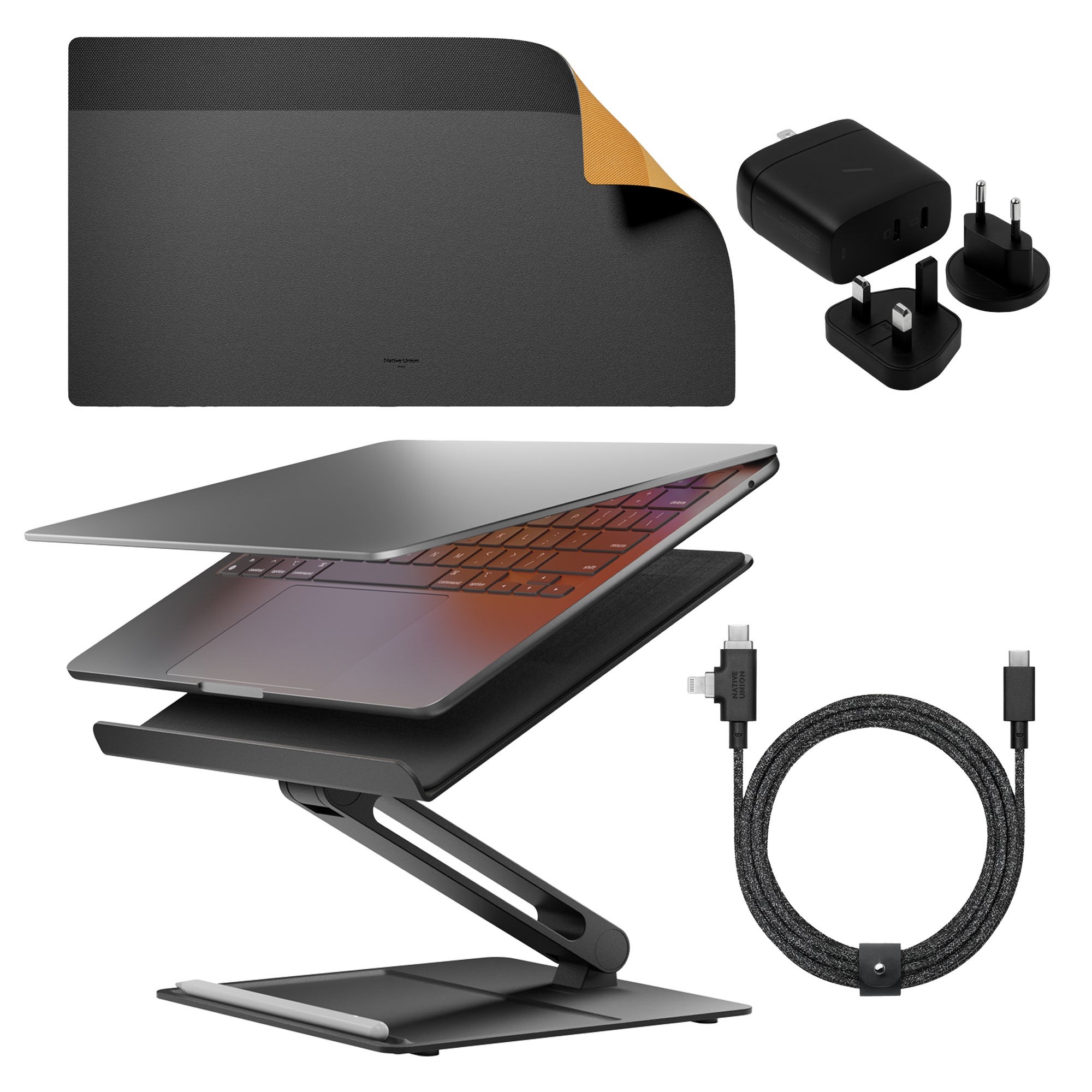 Home Desk Bundle w/ Laptop Stand Mat GaN Charger Belt Duo Cable - Black