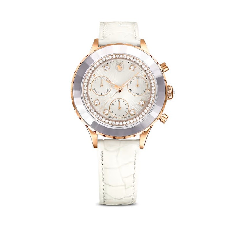 Octea Chrono watch, Swiss Made, Leather strap, White, Rose gold-tone finish