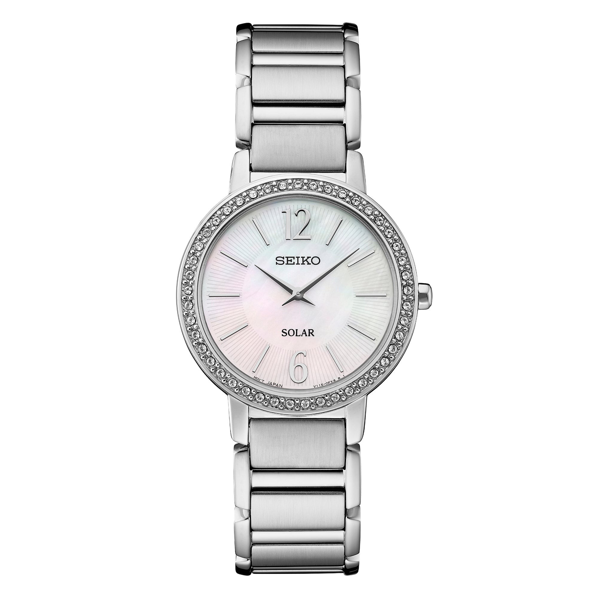 Ladies' Crystal Silver-Tone Stainless Steel Watch, Mother-of-Pearl Dial