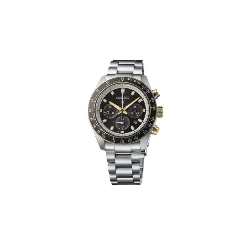 Seiko Prospex Speedtimer SS Solar Chronograph Black Dial Gold Accents BLK Bezel